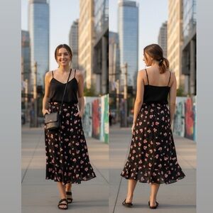 GAP Black Midi Skirt with Pink Floral Design